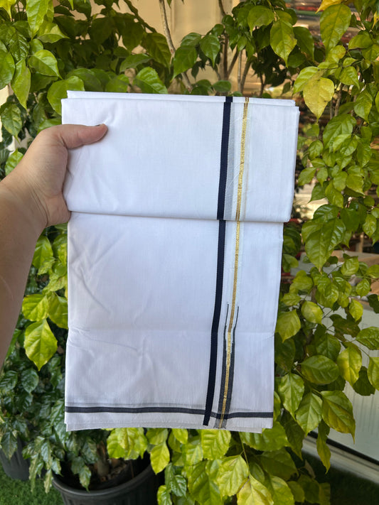 25% Disocunt!! KaithariKada Kerala Handloom Millpaav - 100% Pure Cotton -Pure White Double Mundu/Dhoti - 80x90 - 0.5 inch Puliyilakkara Gold Kasav & Navy Blue Chutty Kara 3.80 m (8 muzham) - 6 KK5377 RAM