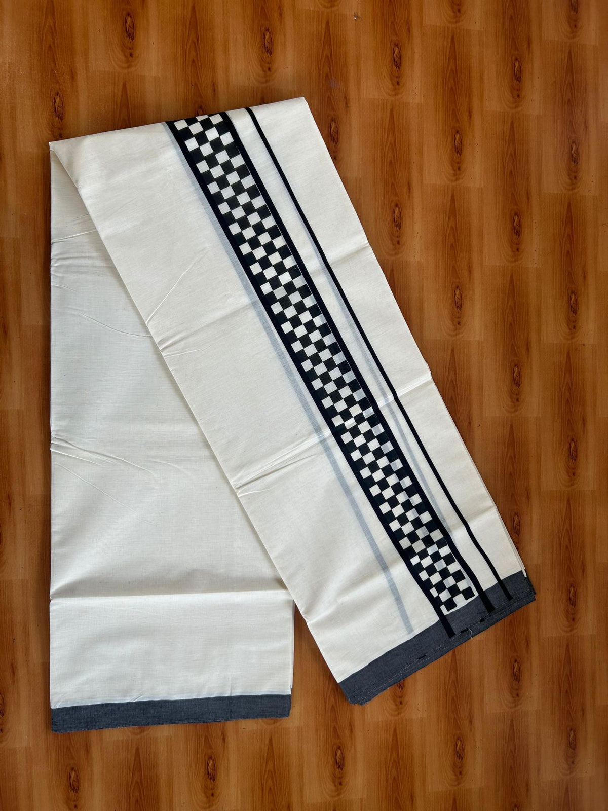 Double Off White (Unbleached) Mundu/Dhoti - 20% Discount! KaithariKada Pulimood 100% Cotton 80x72 - 2.5 inch Black Check Printed Designer Kara - 4 mtr (8.5 muzham) - 29  KK5553 STH