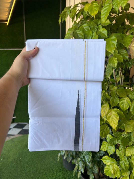 25% Disocunt!! KaithariKada Kerala Handloom Millpaav - 100% Pure Cotton -Pure White Double Mundu/Dhoti - 80x90 - 0.5 inch Puliyilakkara Gold Kasav & Black Temple Chutty Kara 3.80 m (8 muzham) - 5 KK5377 RAM