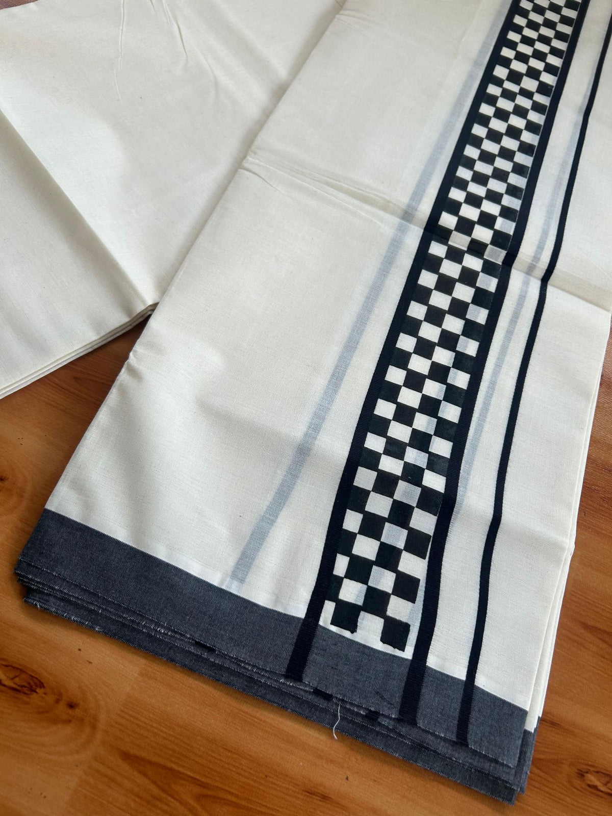 Double Off White (Unbleached) Mundu/Dhoti - 20% Discount! KaithariKada Pulimood 100% Cotton 80x72 - 2.5 inch Black Check Printed Designer Kara - 4 mtr (8.5 muzham) - 29  KK5553 STH