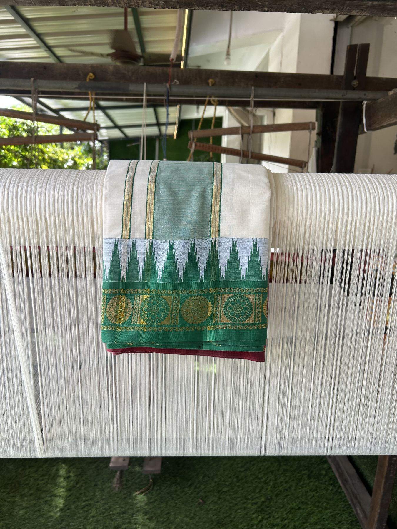 Panchakacham Dhoti - 20% Discount! Kaitharikada Balaramapuram Cotton Mix - Off White - (Unbleached) 80X90 thread - North Iindian - Attached Gamcha - 9x5 Dhoti - 3 inch Gold Kasav Green & Maroon Design kara - 13 KK8305 PMC