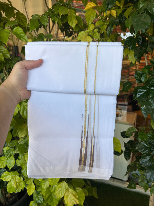 25% Disocunt!! KaithariKada Kerala Handloom Millpaav - 100% Pure Cotton -Pure White Double Mundu/Dhoti - 80x90 - 0.5 inch Puliyilakkara Silver Gold Kasav & Brown Double Chutty Kara 3.80 m (8 muzham) - 7 KK5377 RAM