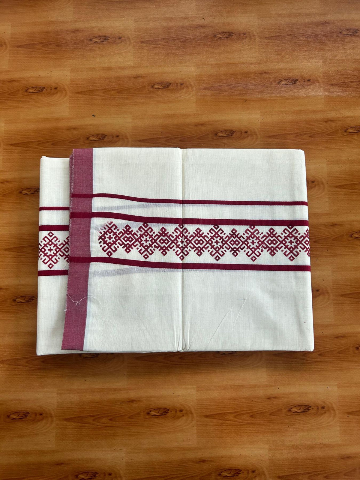 Double Off White (Unbleached) Mundu/Dhoti - 20% Discount! KaithariKada Pulimood 100% Cotton 80x72 - 2.5 inch Maroon Printed Design Kara - 4 mtr (8.5 muzham) - 38 KK5553 STH
