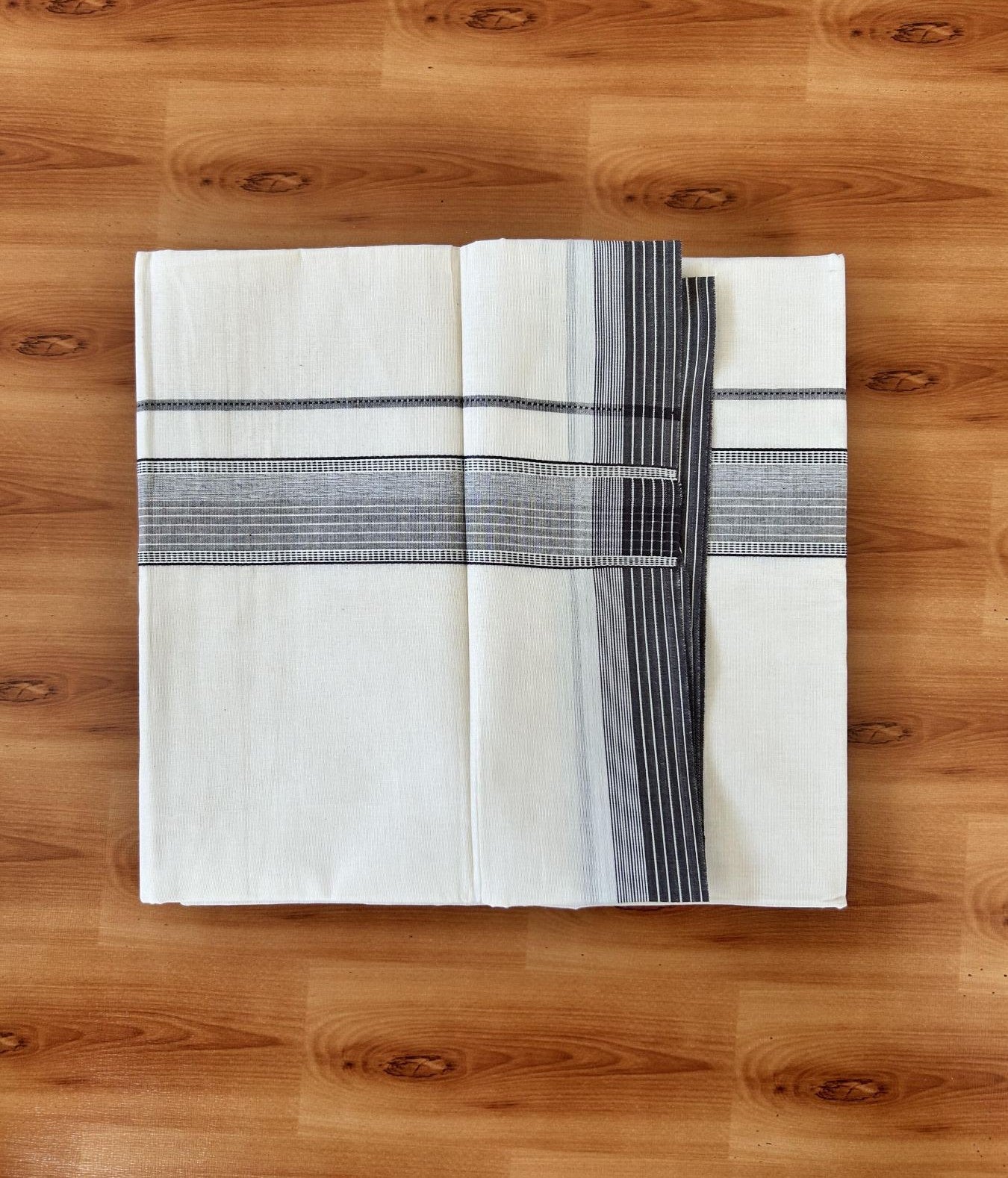 Double Off white - (Unbleached) - Mundu/Dhoti- 20% Discount! KaithariKada 100% Cotton - 100x80 - 1.75 inch Coffee Brown Shaded Stripes Kara 4 mtr (8.5 muzham) - 21 KK5440 VIN