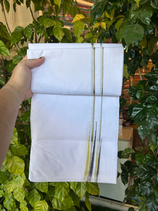 25% Disocunt!! KaithariKada Kerala Handloom Millpaav - 100% Pure Cotton -Pure White Double Mundu/Dhoti - 80x90 - 1 inch Puliyilakkara Silver Kasav Light Yellow & Navy Blue Muthukuri Double Chutty Kara 3.80 m (8 muzham) - 3 KK5377 RAM