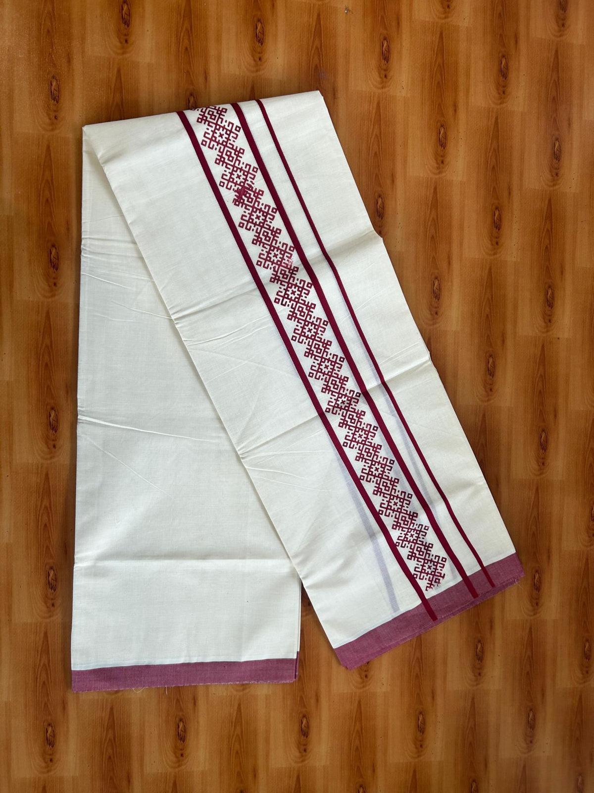 Double Off White (Unbleached) Mundu/Dhoti - 20% Discount! KaithariKada Pulimood 100% Cotton 80x72 - 2.5 inch Maroon Printed Design Kara - 4 mtr (8.5 muzham) - 38 KK5553 STH