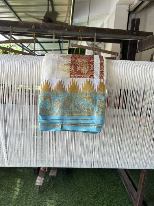 Panchakacham Dhoti - 20% Discount! Kaitharikada Balaramapuram Cotton Mix - Off White - (Unbleached) 80X90 thread - North Iindian - Attached Gamcha - 9x5 Dhoti - 5.25 inch Gold Kasav Light Blue & Maroon Heavy Design kara - 14 KK8305 PMC