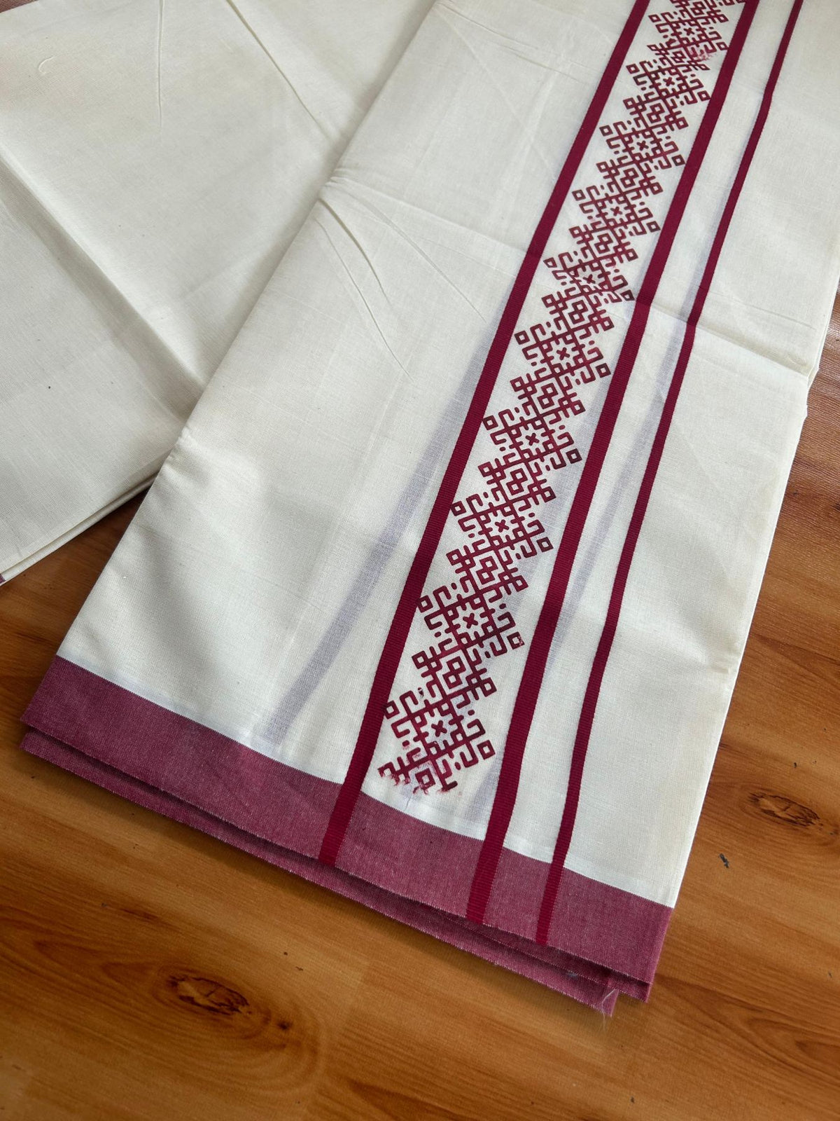 Double Off White (Unbleached) Mundu/Dhoti - 20% Discount! KaithariKada Pulimood 100% Cotton 80x72 - 2.5 inch Maroon Printed Design Kara - 4 mtr (8.5 muzham) - 38 KK5553 STH