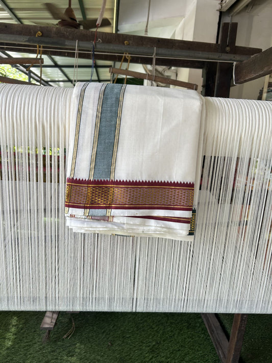 Panchakacham Dhoti - 20% Discount! Kaitharikada Balaramapuram Cotton Mix - Off White - (Unbleached) 80X90 thread - North Iindian - Attached Gamcha - 9x5 Dhoti - 1.75 inch Gold kasav Maroon & Green kara - 6 KK8305 PMC