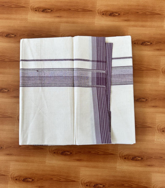Double Off white - (Unbleached) - Mundu/Dhoti- 20% Discount! KaithariKada 100% Cotton - 100x80 - 1.75 inch Dusty Plum Shaded Stripes Kara 4 mtr (8.5 muzham) - 20 KK5440 VIN