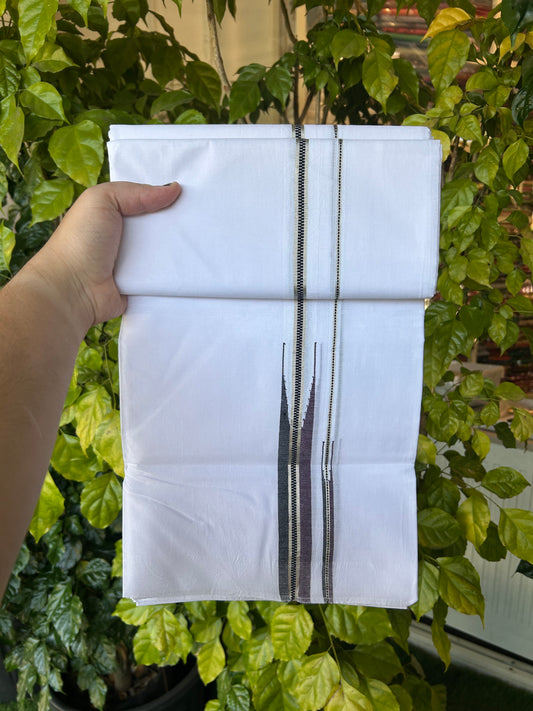 25% Disocunt!! KaithariKada Kerala Handloom Millpaav - 100% Pure Cotton -Pure White Double Mundu/Dhoti - 80x90 - 1 inch Puliyilakkara Silver Kasav Black & Grape Wine Muthukuri Double Chutty Kara 3.80 m (8 muzham) - 2 KK5377 RAM