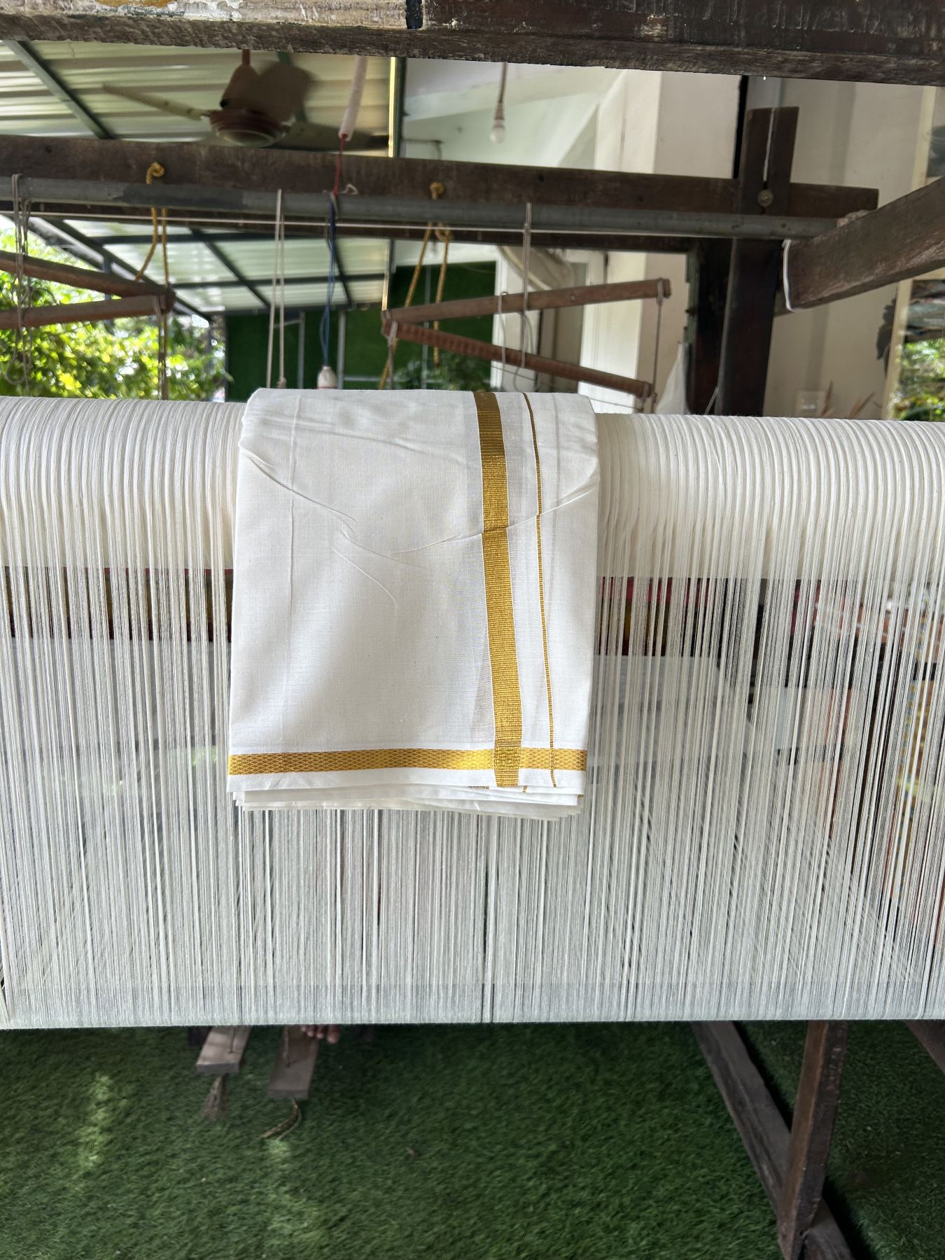 Panchakacham Dhoti - 20% Discount! Kaitharikada Balaramapuram Cotton Mix Off White - (Unbleached) 80X90 thread - North Iindian- Attached Gamcha - 9X5 Dhoti - 0.75 inch Gold Kasav kara - 18 KK8305 PMC