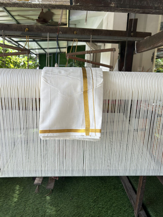 Panchakacham Dhoti - 20% Discount! Kaitharikada Balaramapuram Cotton Mix Off White - (Unbleached) 80X90 thread - North Iindian- Attached Gamcha - 9X5 Dhoti - 0.75 inch Gold Kasav kara - 18 KK8305 PMC