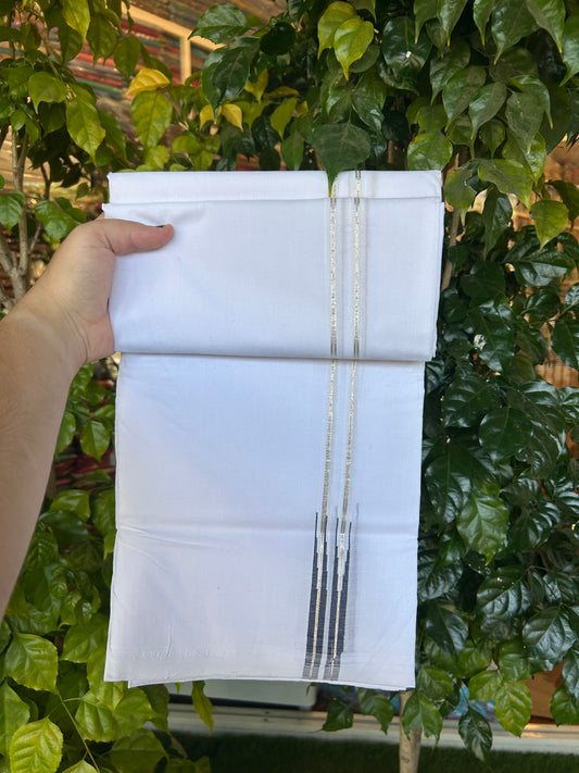 25% Disocunt!! KaithariKada Kerala Handloom Millpaav - 100% Pure Cotton -Pure White Double Mundu/Dhoti - 80x90 - 0.5 inch Puliyilakkara Silver Kasav & Navy Blue Double Chutty Kara 3.80 m (8 muzham) - 4 KK5377 RAM