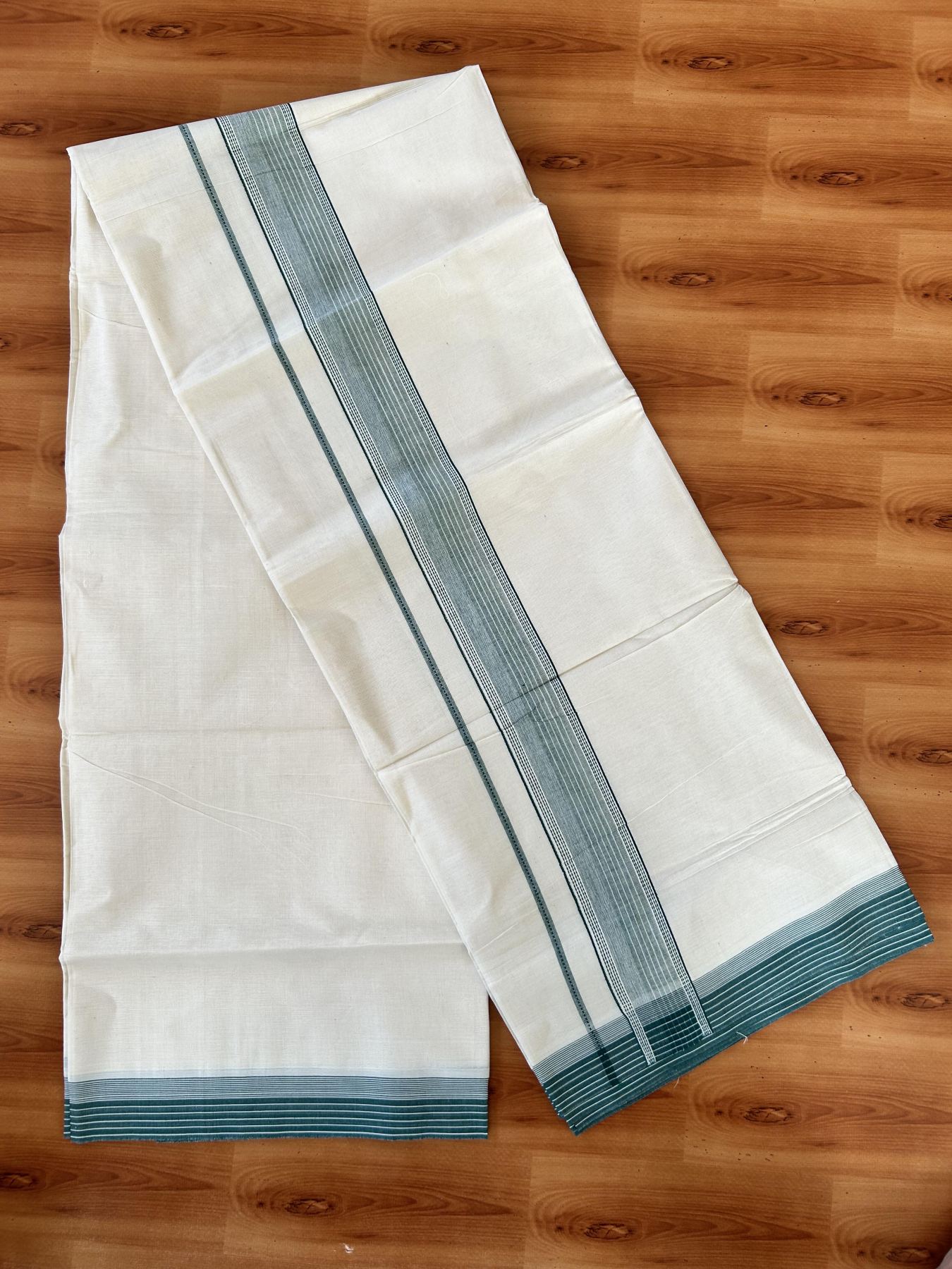 Double Off white - (Unbleached) - Mundu/Dhoti- 20% Discount! KaithariKada 100% Cotton - 100x80 - 1.75 inch Green Shaded Stripes Kara 4 mtr (8.5 muzham) - 19 KK5440 VIN