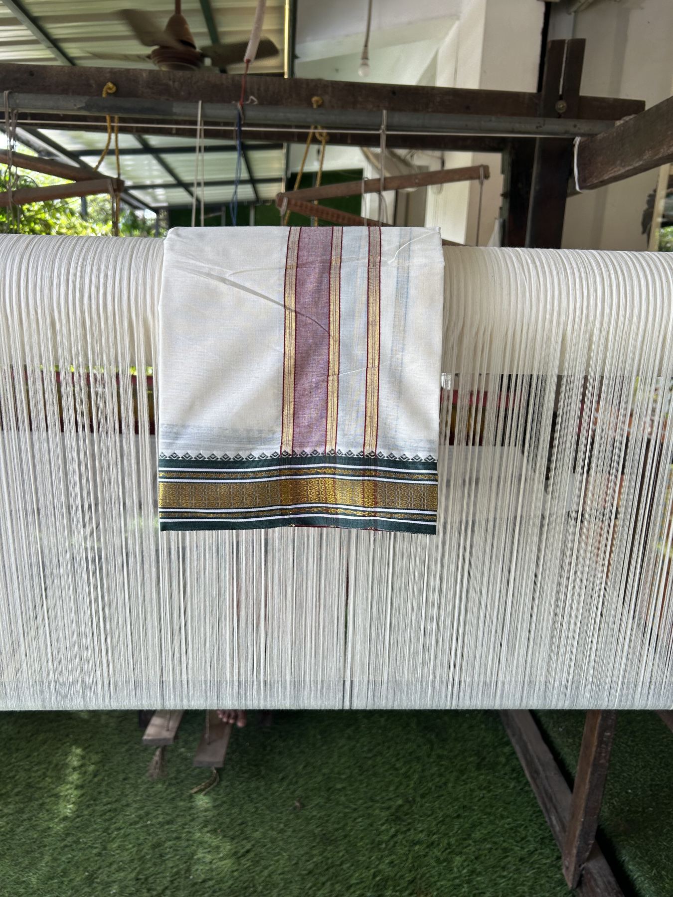 Panchakacham Dhoti - 20% Discount! Kaitharikada Balaramapuram Cotton Mix - Off White - (Unbleached) 80X90 thread - North Iindian - Attached Gamcha - 9x5 Dhoti - 1.5 inch Gold Kasav Maroon & Green kara - 16 KK8305 PMC