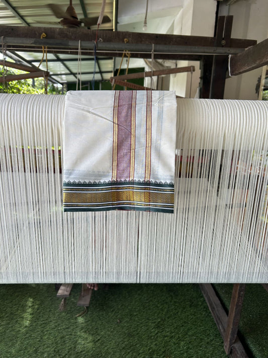 Panchakacham Dhoti - 20% Discount! Kaitharikada Balaramapuram Cotton Mix - Off White - (Unbleached) 80X90 thread - North Iindian - Attached Gamcha - 9x5 Dhoti - 1.5 inch Gold Kasav Maroon & Green kara - 16 KK8305 PMC
