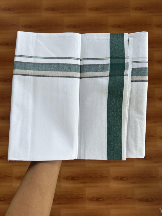 Single Mundu/Dhoti  - Pure White - 29% Discount !! KaithariKada Balaramapuram 100% Cotton - Twisted 60s Thread -1 Inch Silver Kasav & Black & Green Shaded Kara (2 meter / 4 muzham) - 35 KK5393 GL