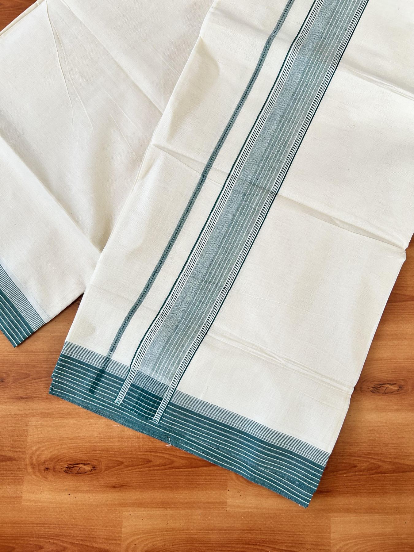Double Off white - (Unbleached) - Mundu/Dhoti- 20% Discount! KaithariKada 100% Cotton - 100x80 - 1.75 inch Green Shaded Stripes Kara 4 mtr (8.5 muzham) - 19 KK5440 VIN