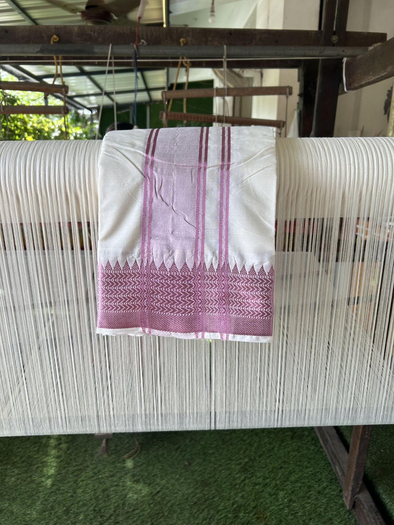 Panchakacham Dhoti - 20% Discount! Kaitharikada Balaramapuram Cotton Mix - Off White - (Unbleached) 80X90 thread - North Iindian - Attached Gamcha - 9x5 Dhoti - 3 inch Rose Pink kara - 12 KK8305 PMC