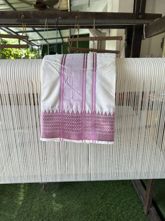 Panchakacham Dhoti - 20% Discount! Kaitharikada Balaramapuram Cotton Mix - Off White - (Unbleached) 80X90 thread - North Iindian - Attached Gamcha - 9x5 Dhoti - 3 inch Rose Pink kara - 12 KK8305 PMC
