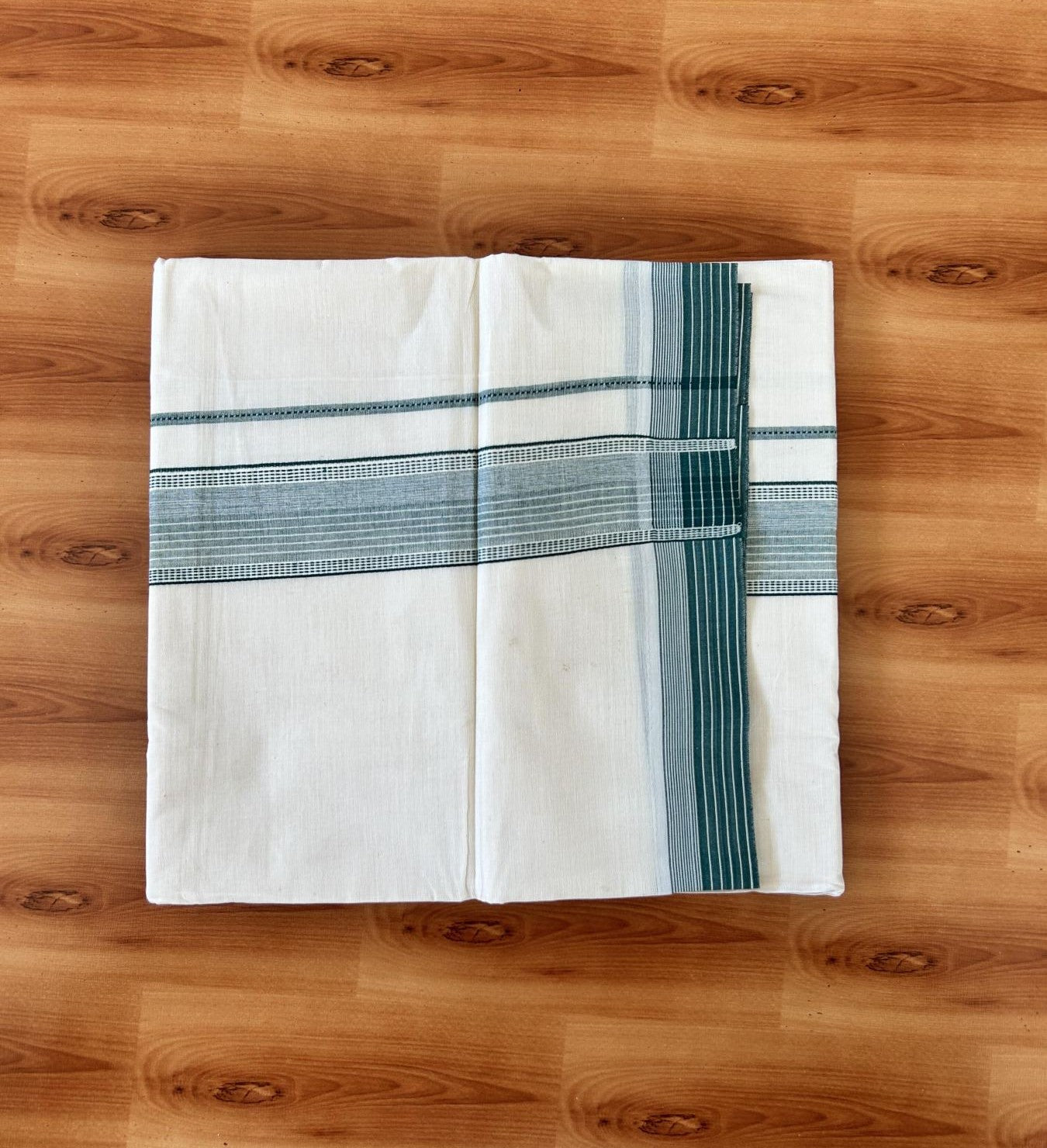 Double Off white - (Unbleached) - Mundu/Dhoti- 20% Discount! KaithariKada 100% Cotton - 100x80 - 1.75 inch Green Shaded Stripes Kara 4 mtr (8.5 muzham) - 19 KK5440 VIN