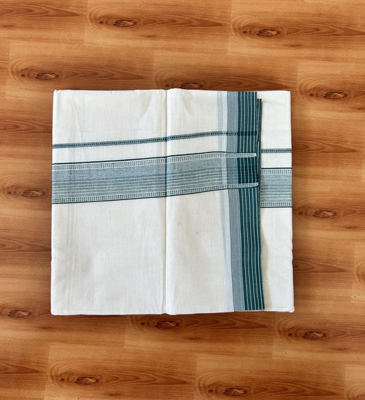 Double Off white - (Unbleached) - Mundu/Dhoti- 20% Discount! KaithariKada 100% Cotton - 100x80 - 1.75 inch Green Shaded Stripes Kara 4 mtr (8.5 muzham) - 19 KK5440 VIN