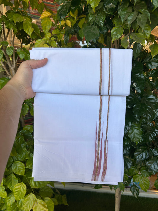 25% Disocunt!! KaithariKada Kerala Handloom Millpaav - 100% Pure Cotton - Pure White Double Mundu/Dhoti - 80x90 - 0.5 inch Puliyilakkara Gold Kasav Light Maroon & Olive Green Double Chutty Kara 4.00 m (8.5 muzham) - 15 KK5377 RAM