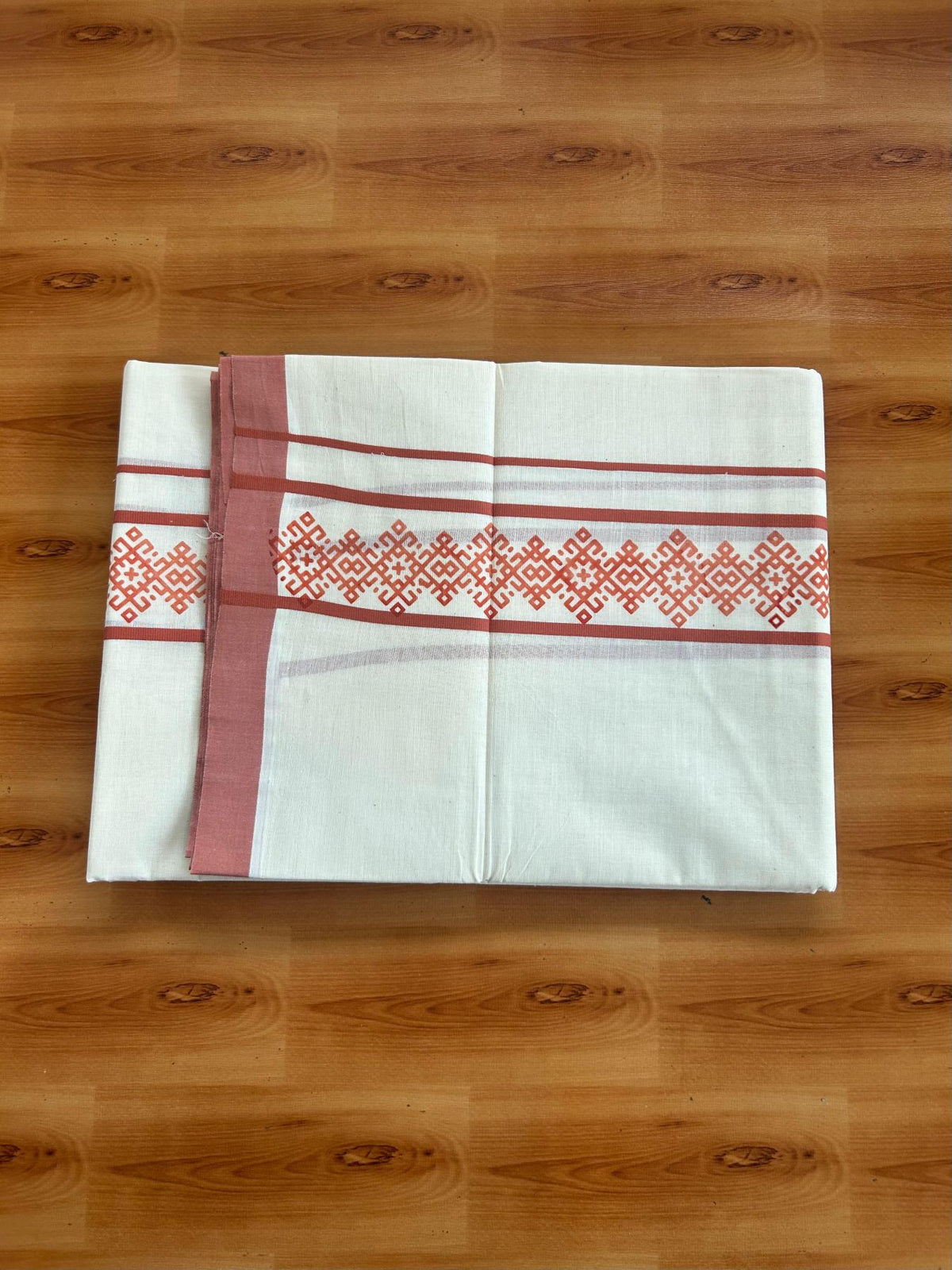 Double Off White (Unbleached) Mundu/Dhoti - 20% Discount! KaithariKada Pulimood 100% Cotton 80x72 - 2.5 inch Brick Orange Printed Design Kara - 4 mtr (8.5 muzham) - 36 KK5553 STH