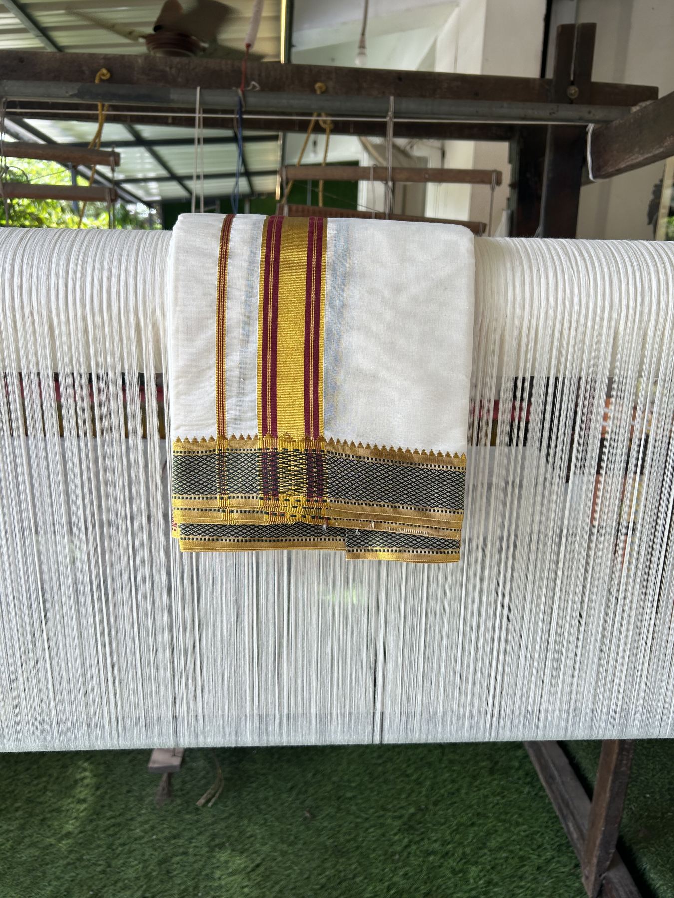 Panchakacham Dhoti - 20% Discount! KaithariKada Mixed Cotton Off White - (Unbleached) 80X90 thread - North Indian - Attached Gamcha - 9x5 Dhoti - 2 inch Maroon Gold Kasav Kara With Green ,Maroon & Gold Kasav Design border - 3 KK8305 PMC