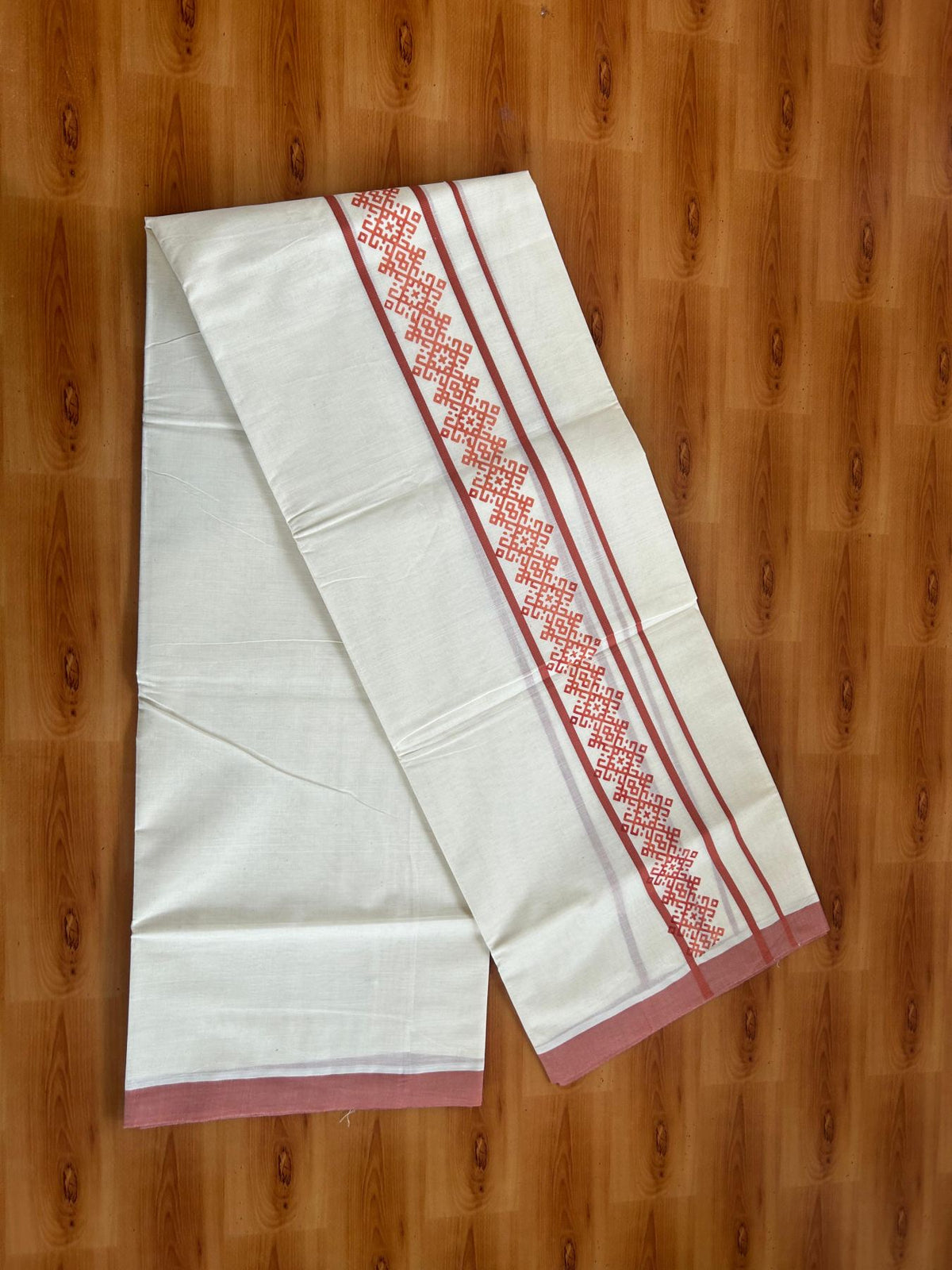 Double Off White (Unbleached) Mundu/Dhoti - 20% Discount! KaithariKada Pulimood 100% Cotton 80x72 - 2.5 inch Brick Orange Printed Design Kara - 4 mtr (8.5 muzham) - 36 KK5553 STH