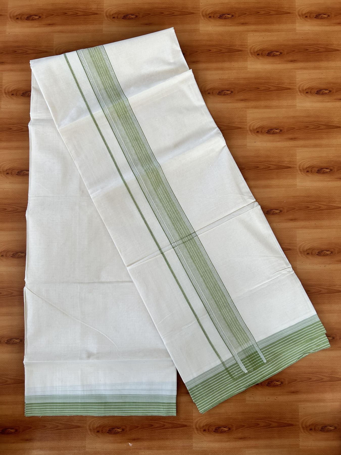 Double Off white - (Unbleached) - Mundu/Dhoti- 20% Discount! KaithariKada 100% Cotton - 100x80 - 1.75 inch Apple Green Shaded Stripes Kara 4 mtr (8.5 muzham) - 18 KK5440 VIN