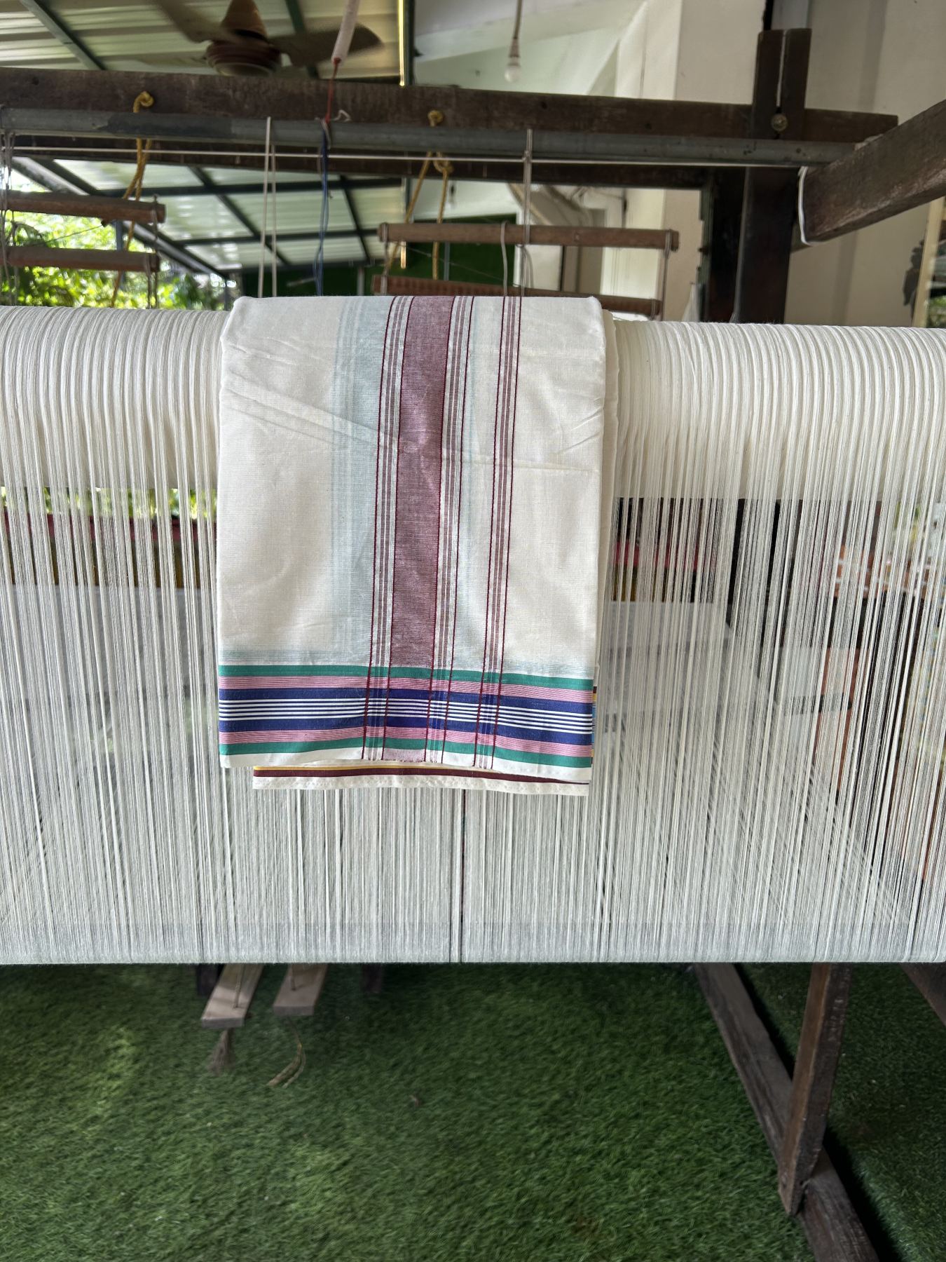 Panchakacham Dhoti - 20% Discount! Kaitharikada Mixed Cotton Off White (Unbleached) - 80x90 - North Indian Attached Gamcha - 10x6 - Dhoti Green kara with Violet ,Blue, yellow, Red & Light Blue Striped border - 23 KK8304 PMC