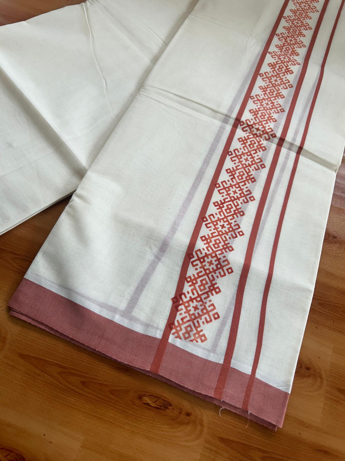 Double Off White (Unbleached) Mundu/Dhoti - 20% Discount! KaithariKada Pulimood 100% Cotton 80x72 - 2.5 inch Brick Orange Printed Design Kara - 4 mtr (8.5 muzham) - 36 KK5553 STH