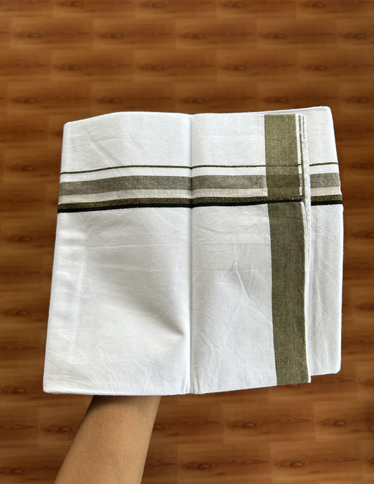 Single Mundu/Dhoti  - Pure White - 29% Discount !! KaithariKada Balaramapuram 100% Cotton - Twisted 60s Thread -1 Inch Silver Kasav & Black & Yellowish Olive Green Shaded Kara (2 meter / 4 muzham) - 33 KK5393 GL