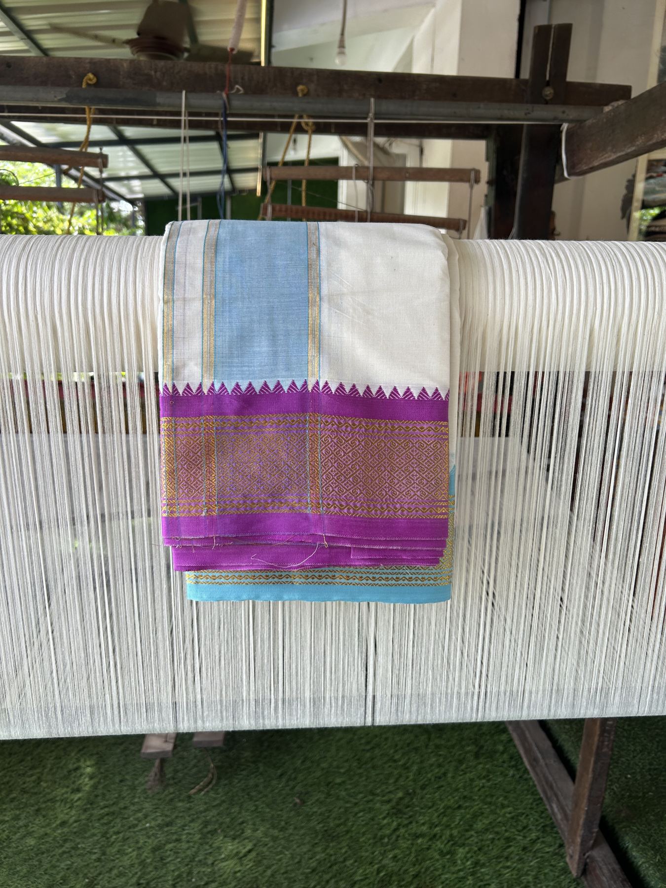 Panchakacham Dhoti - 20% Discount! Kaitharikada Balaramapuram Cotton Mix - Off White - (Unbleached) 80X90 thread - North Iindian - Attached Gamcha - 9x5 Dhoti - 3.5 inch Gold kasav Light Blue & Purple kara - 9 KK8305 PMC