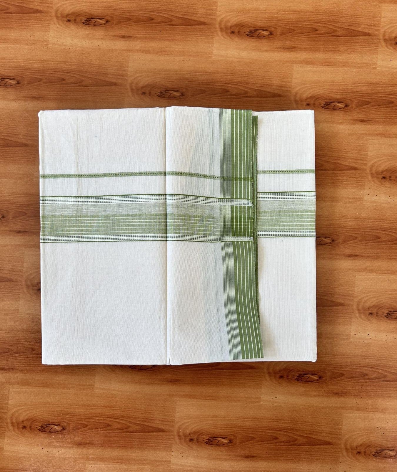 Double Off white - (Unbleached) - Mundu/Dhoti- 20% Discount! KaithariKada 100% Cotton - 100x80 - 1.75 inch Apple Green Shaded Stripes Kara 4 mtr (8.5 muzham) - 18 KK5440 VIN
