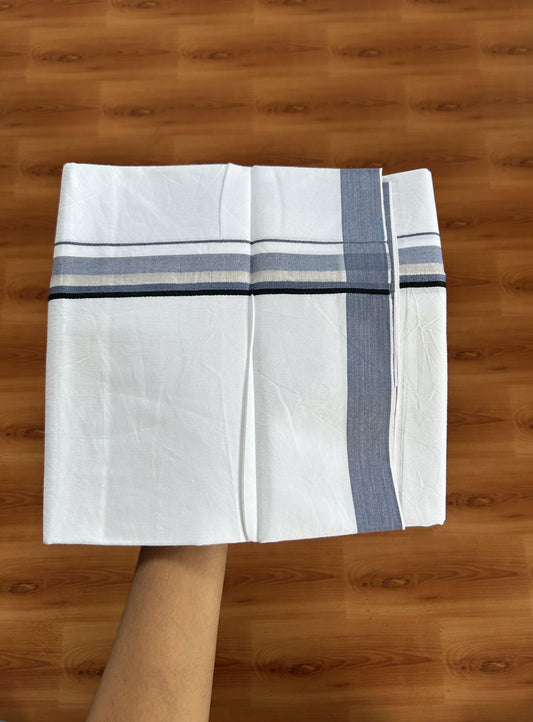 Single Mundu/Dhoti  - Pure White - 29% Discount !! KaithariKada Balaramapuram 100% Cotton - Twisted 60s Thread -1 Inch Silver Kasav & Black & Greyish Blue Shaded Kara (2 meter / 4 muzham) - 31 KK5393 GL