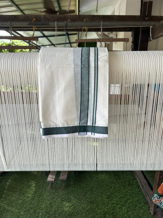 Panchakacham Dhoti - 20% Discount! Kaitharikada Balaramapuram Cotton Mix - Off White - (Unbleached) 80X90 thread - North Iindian - Attached Gamcha - 9x5 Dhoti - 1 inch Dark Green kara - 11 KK8305 PMC