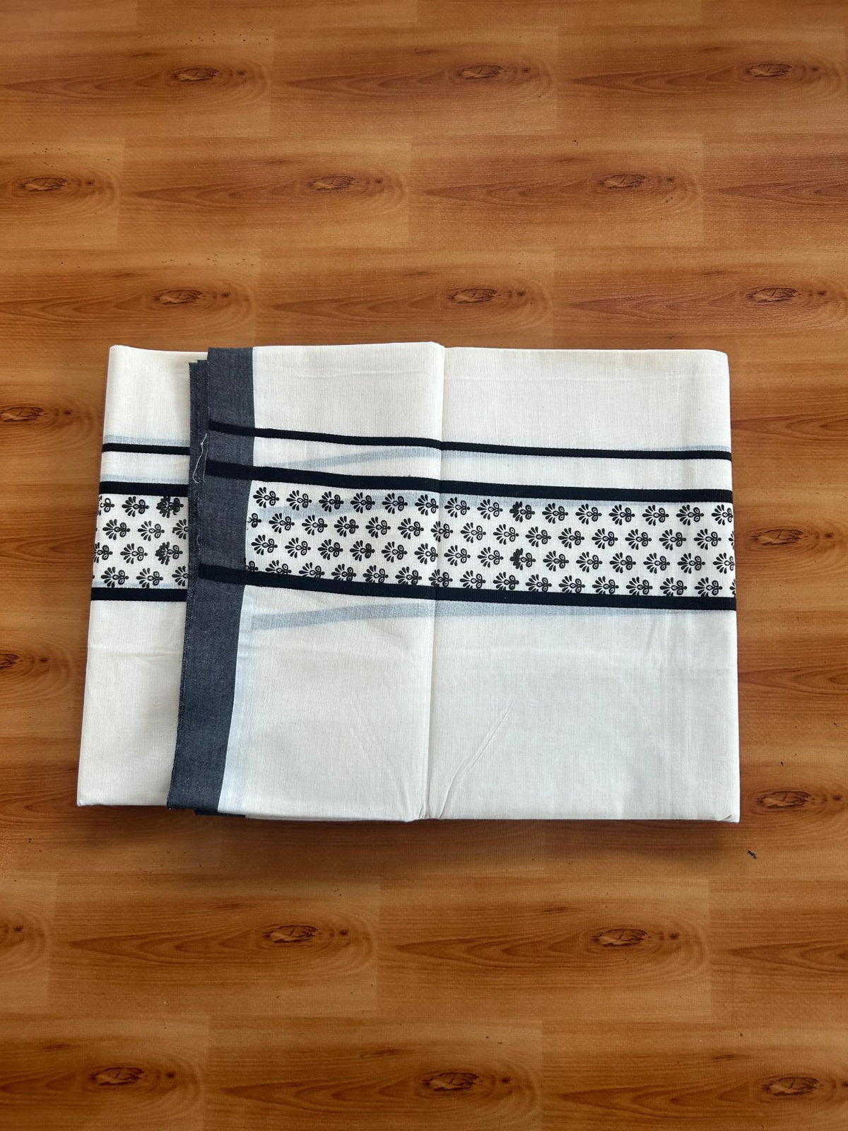 Double Off White (Unbleached) Mundu/Dhoti - 20% Discount! KaithariKada Pulimood 100% Cotton 80x72 - 2.5 inch Black Printed Design Kara - 4 mtr (8.5 muzham) - 42 KK5553 STH