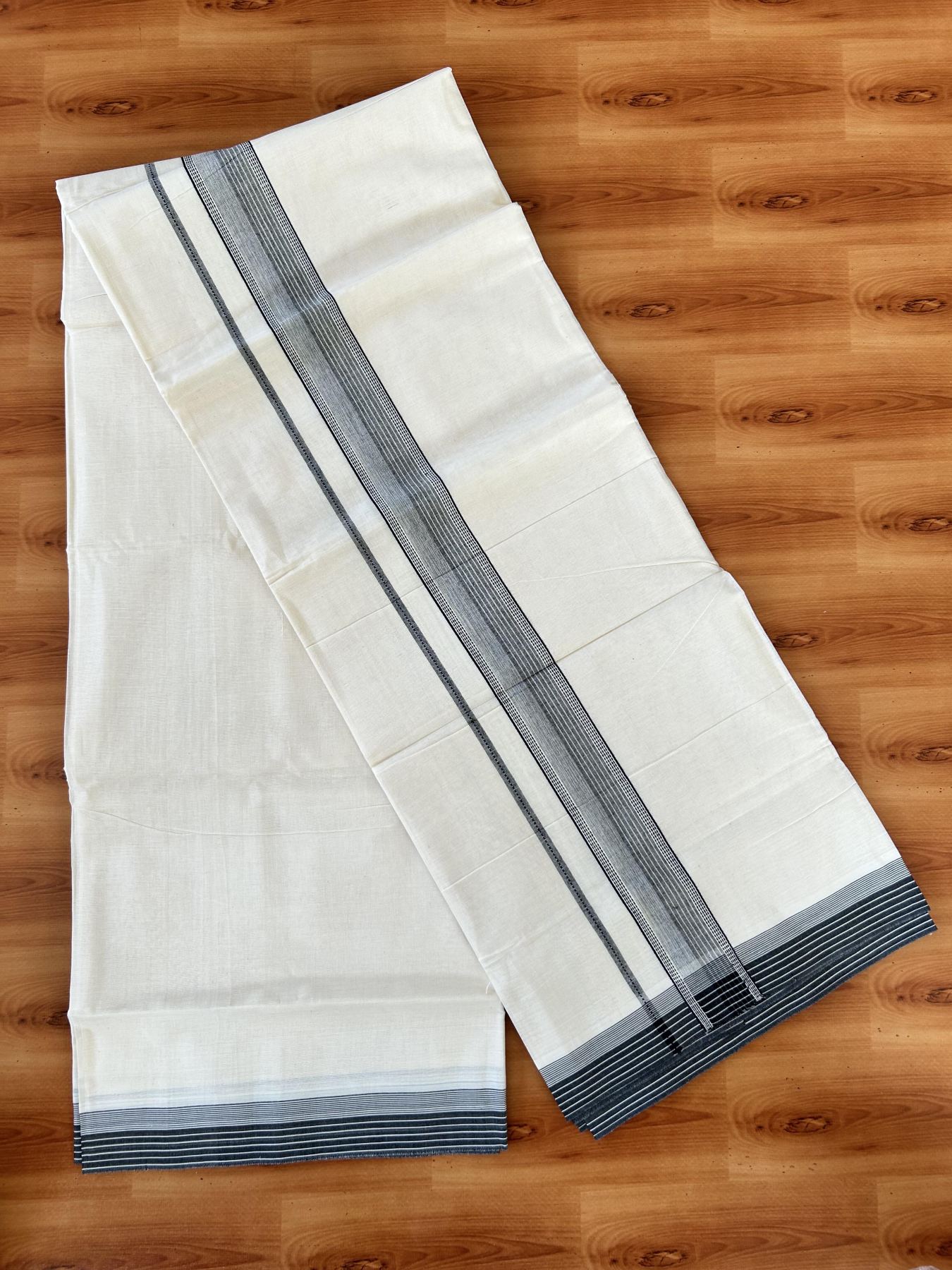 Double Off white - (Unbleached) - Mundu/Dhoti- 20% Discount! KaithariKada 100% Cotton - 100x80 - 1.75 inch Black Shaded Stripes Kara 4 mtr (8.5 muzham) - 17 KK5440 VIN