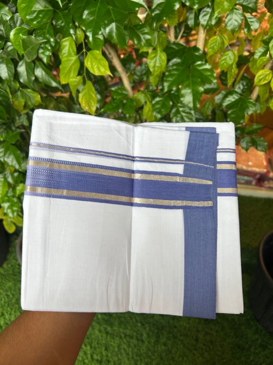 20% Discount ! Kaitharikada Balaramapuram 100% Cotton PURE WHITE Double RAINBOW Mundu/Dothi - 100x80 - 1.75 inch Silver Kasav Violet Blue Stripes Kara 4 mtr (8.5 muzham) - 96KK5220 THI
