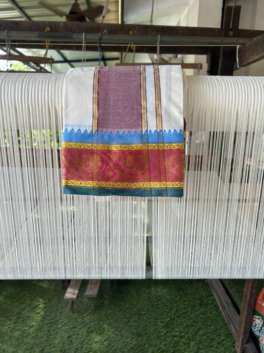 Panchakacham Dhoti - 20% Discount! Kaitharikada Balaramapuram Cotton Mix - Off White - (Unbleached) 80X90 thread - North Iindian - Attached Gamcha - 9x5 Dhoti - 5.25 inch Gold Kasav Maroon & Blue Heavy Design kara - 15 KK8305 PMC