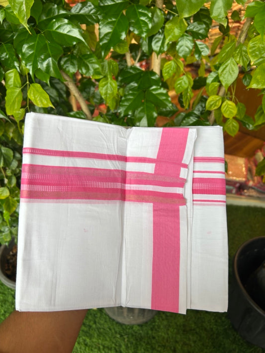 20% Discount ! Kaitharikada Balaramapuram 100% Cotton PURE WHITE Double RAINBOW  Mundu/Dothi - 100x80 - 1.75 inch Gold Kasav & Silver Kasav Pink Stripes Kara 4 mtr (8.5 muzham) - 94KK5220 THI