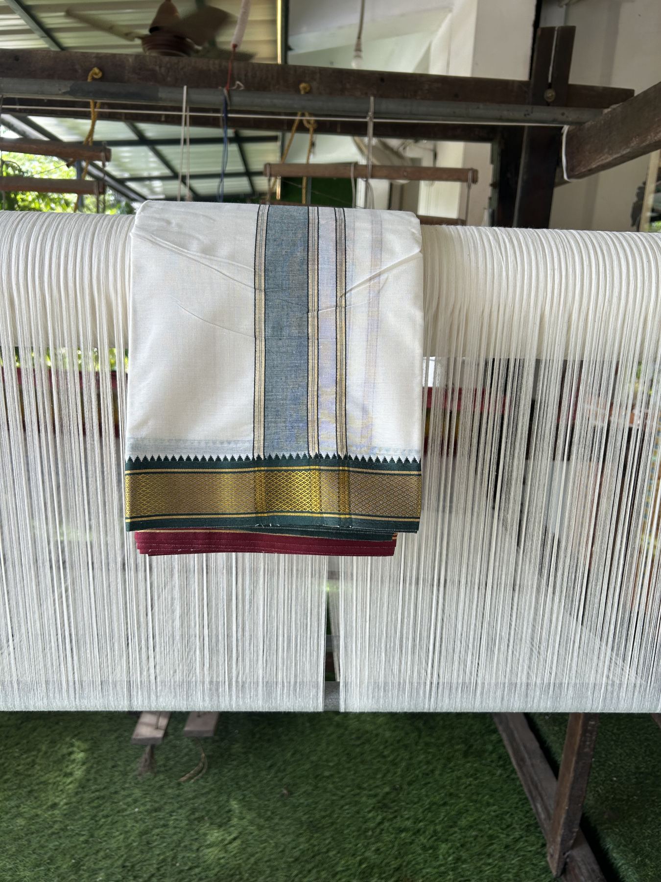 Panchakacham Dhoti - 20% Discount! Kaitharikada Balaramapuram Cotton Mix - Off White - (Unbleached) 80X90 thread - North Iindian - Attached Gamcha - 9x5 Dhoti - 1.5 inch Gold Kasav Maroon & Green kara - 17 KK8305 PMC