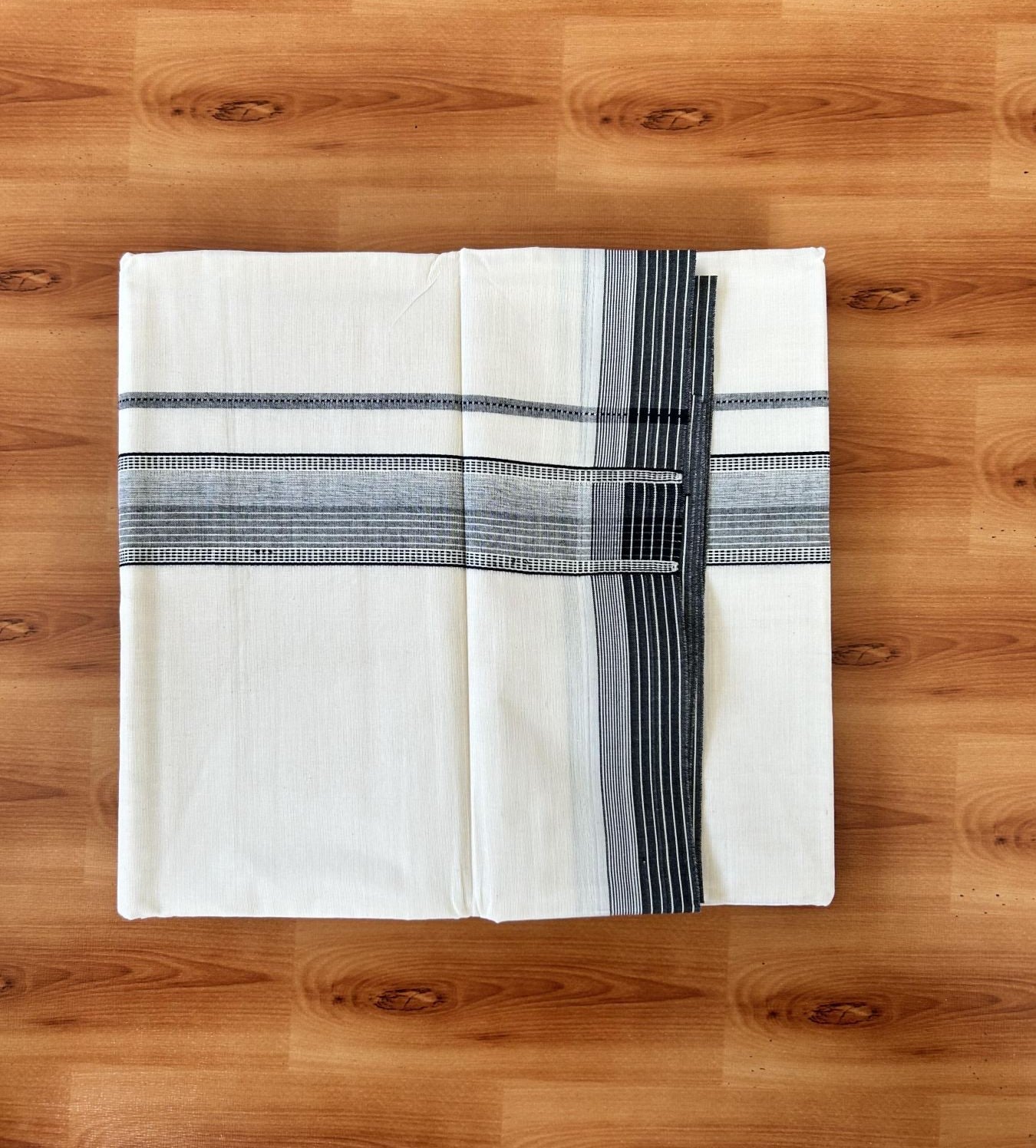 Double Off white - (Unbleached) - Mundu/Dhoti- 20% Discount! KaithariKada 100% Cotton - 100x80 - 1.75 inch Black Shaded Stripes Kara 4 mtr (8.5 muzham) - 17 KK5440 VIN