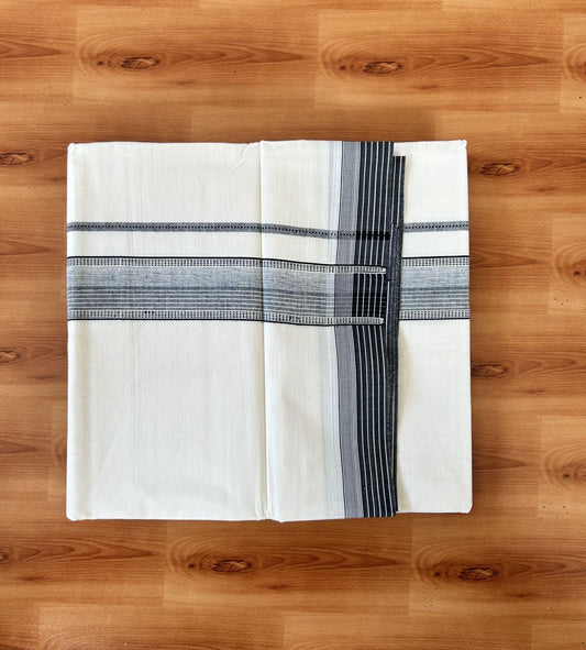 Double Off white - (Unbleached) - Mundu/Dhoti- 20% Discount! KaithariKada 100% Cotton - 100x80 - 1.75 inch Black Shaded Stripes Kara 4 mtr (8.5 muzham) - 17 KK5440 VIN