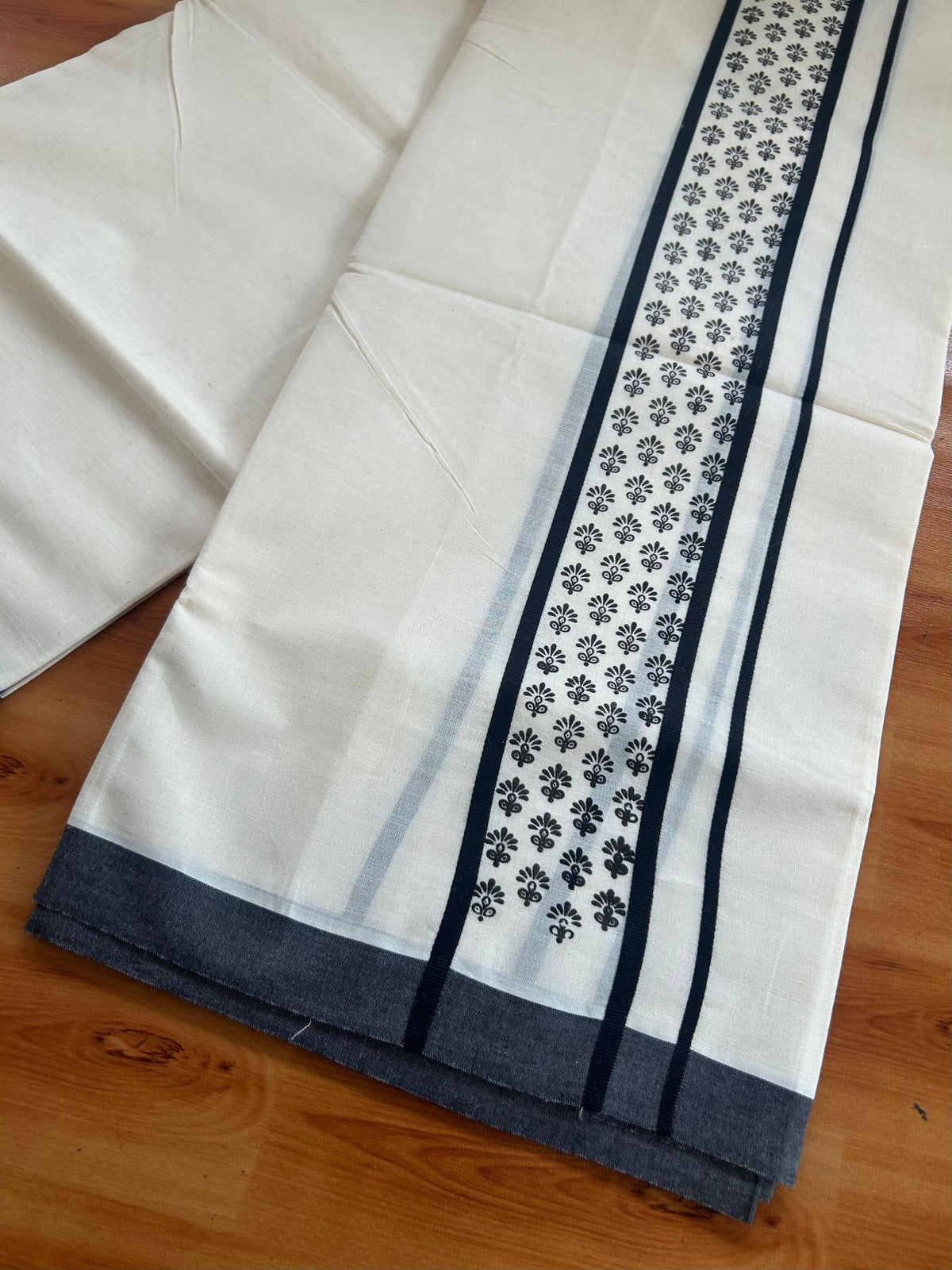 Double Off White (Unbleached) Mundu/Dhoti - 20% Discount! KaithariKada Pulimood 100% Cotton 80x72 - 2.5 inch Black Printed Design Kara - 4 mtr (8.5 muzham) - 42 KK5553 STH