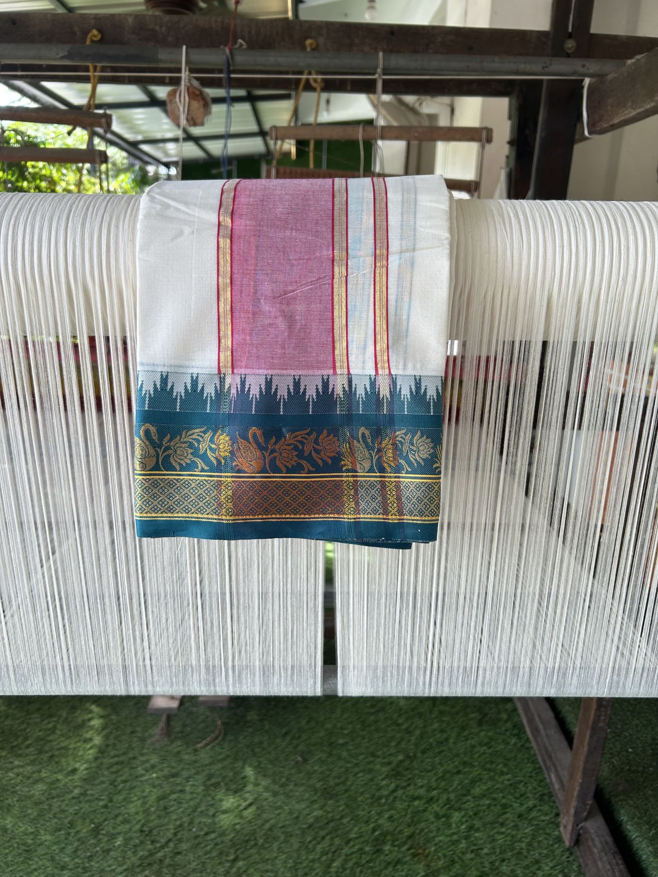 Panchakacham Dhoti - 20% Discount! Kaitharikada Balaramapuram Cotton Mix - Off White - (Unbleached) 80X90 thread - North Iindian - Attached Gamcha - 9x5 Dhoti - 3.75 inch Gold kasav Peacock Green & Rani Pink kara - 8 KK8305 PMC