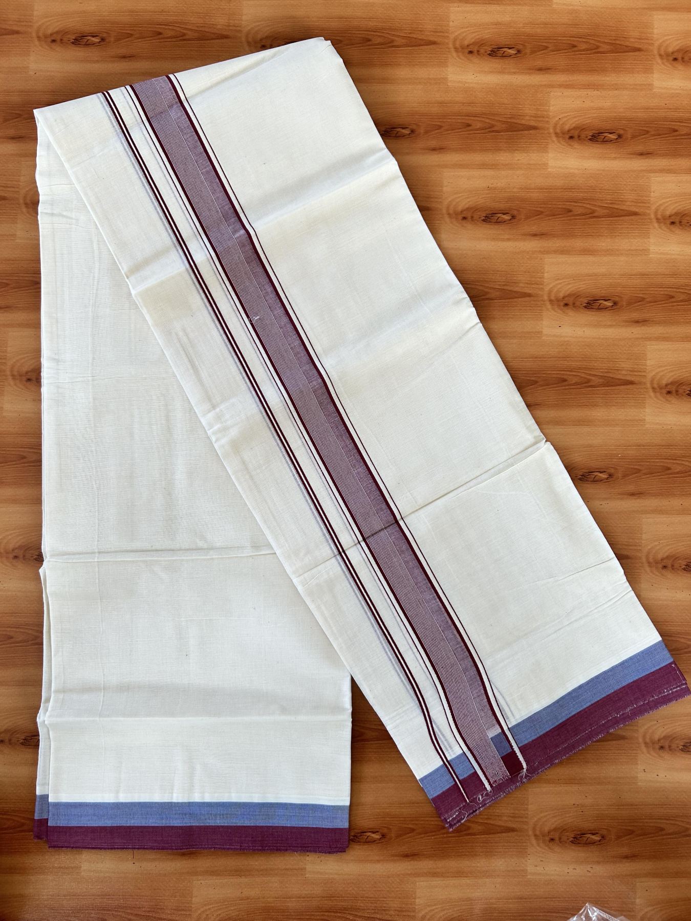 Double Off white - (Unbleached) - Mundu/Dhoti- 20% Discount! KaithariKada 100% Cotton - 100x80 - 1.75 inch Blue & Maroon Stripes Kara 4 mtr (8.5 muzham) - 26 KK5440 VIN